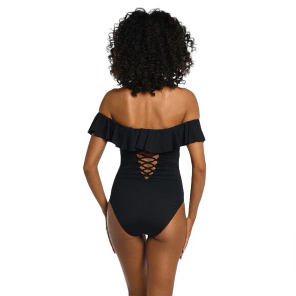 NWT La Blanca Island Goddess Black Off the Shoulder One Piece Swimsuit Size 4 - Picture 2 of 5